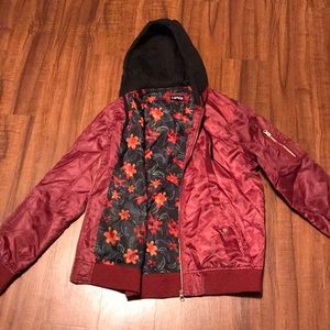 Maroon/Tropical Floral Print Carbon Jacket.